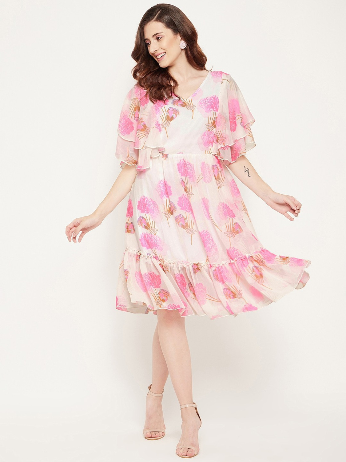 Image of BITTERLIME Women Fit and Flare White Knee Length Dress