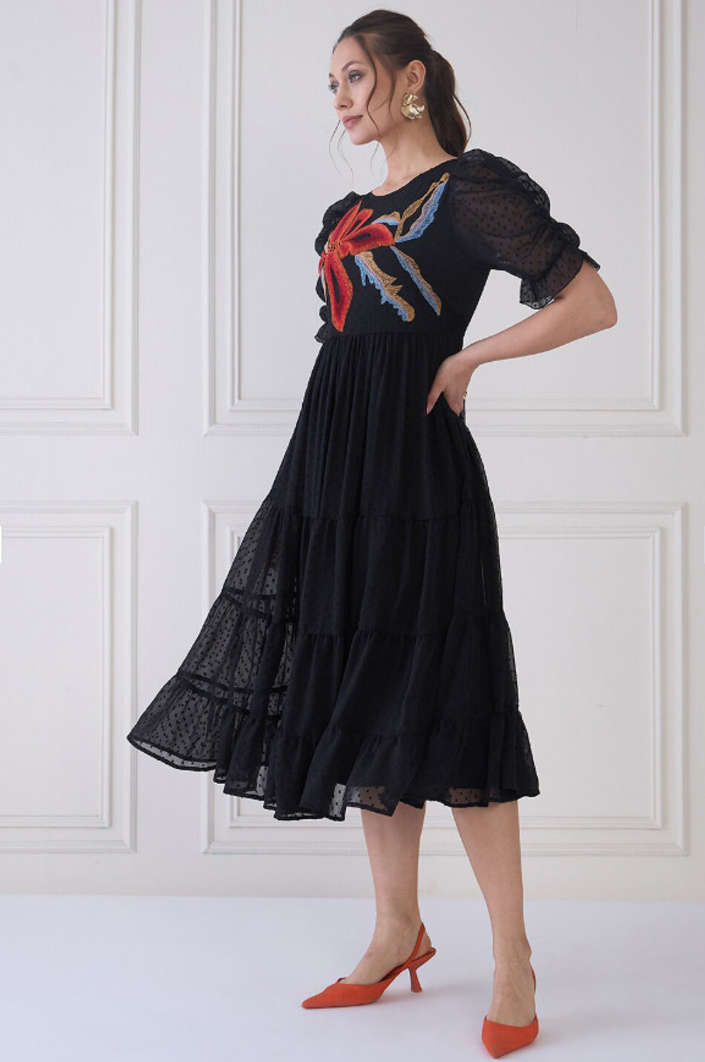 Image of Onixino Women A-line Black Below Knee Dress