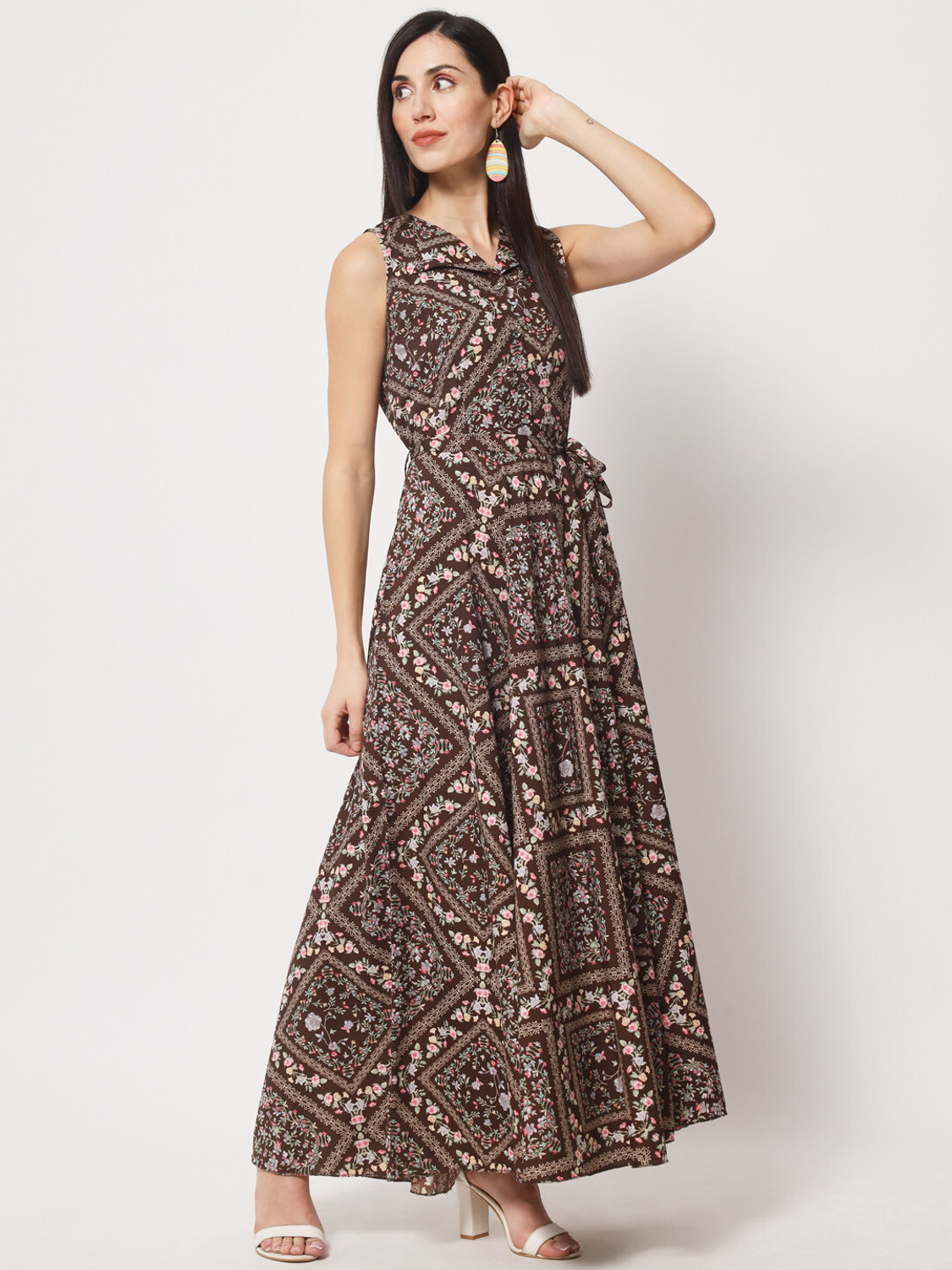 Image of Rudraaksha Women A-line Brown Maxi /Full Length Dress