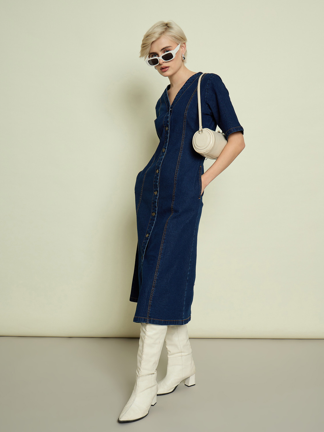 Image of SASSAFRAS Women A-line Dark Blue Midi /Calf Length Dress