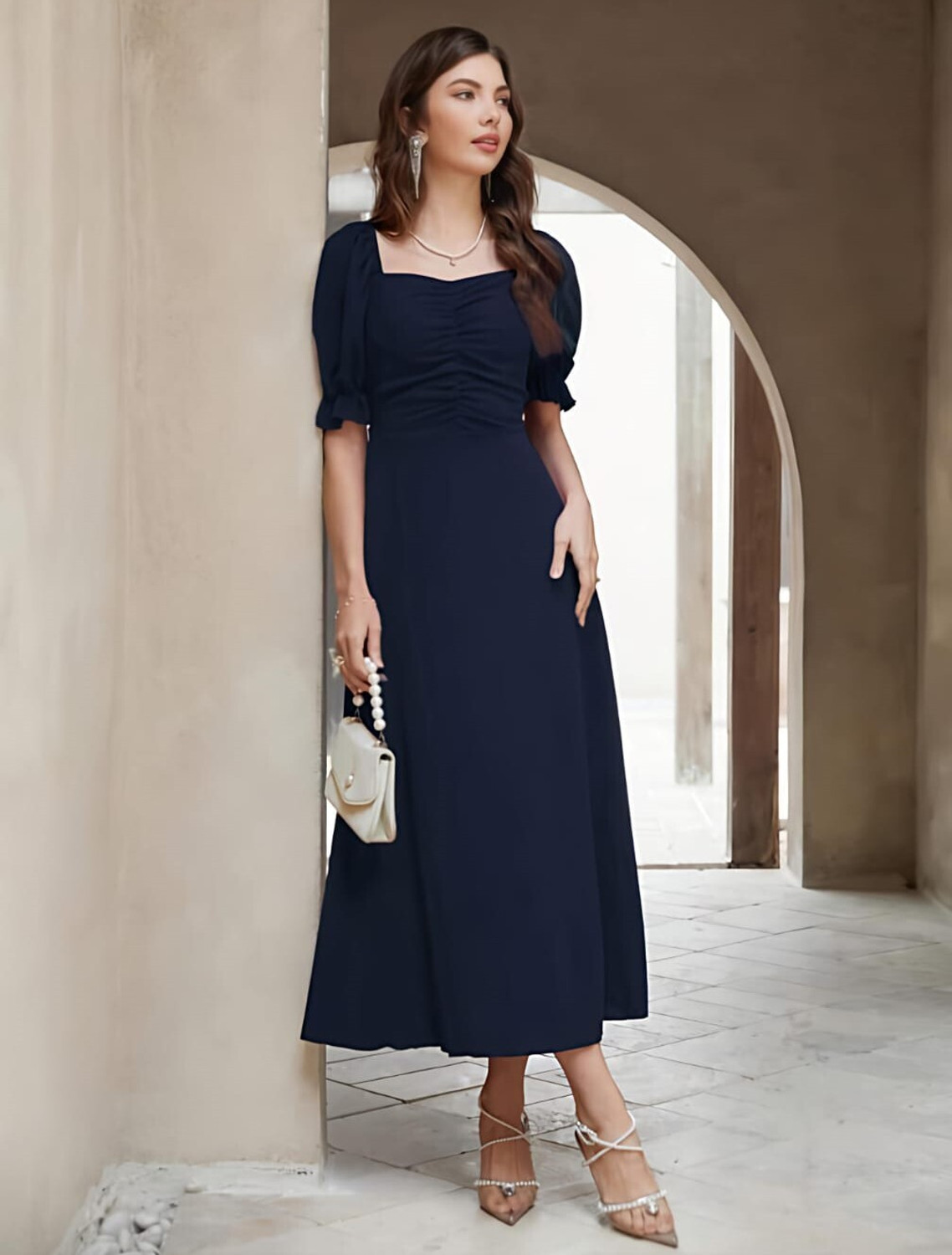 Image of SHYAM SUNDARI Women Fit and Flare Blue Midi /Calf Length Dress