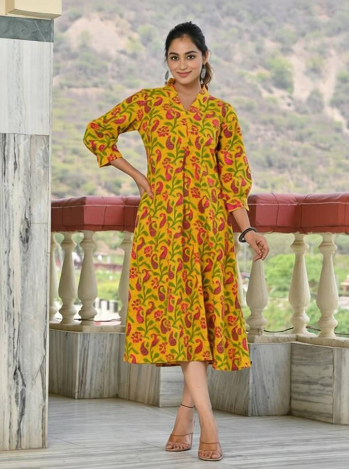 Chaukas Women Fit and Flare Yellow Below Knee Dress
