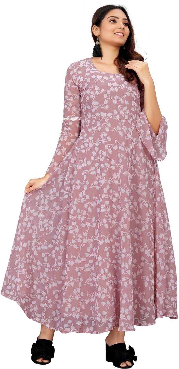 ICYNOSURE Women Maxi Pink, White Ankle Length Dress