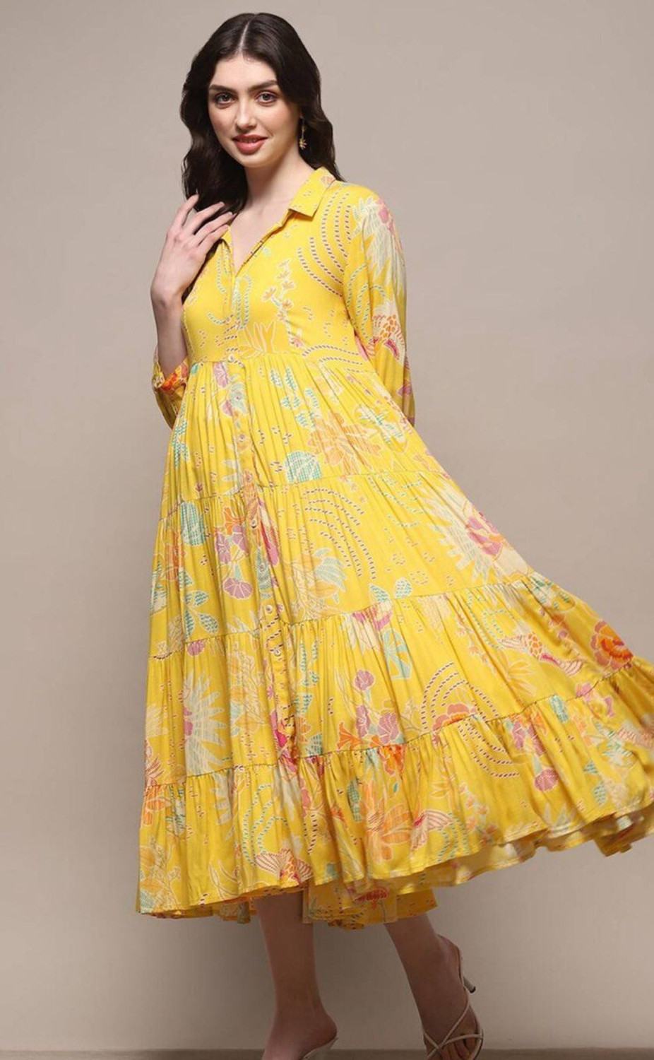 Image of CLOTHCLICK Women Fit and Flare Yellow Midi /Calf Length Dress