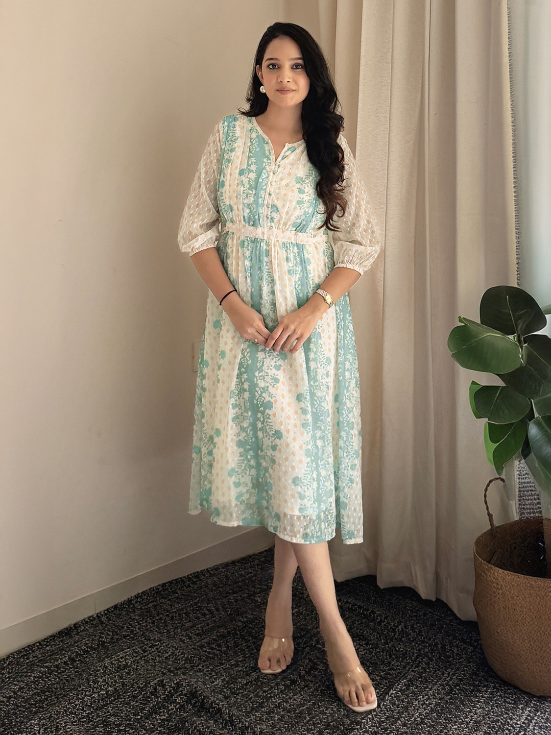Image of Janasya Women Fit and Flare Multicolor Midi /Calf Length Dress
