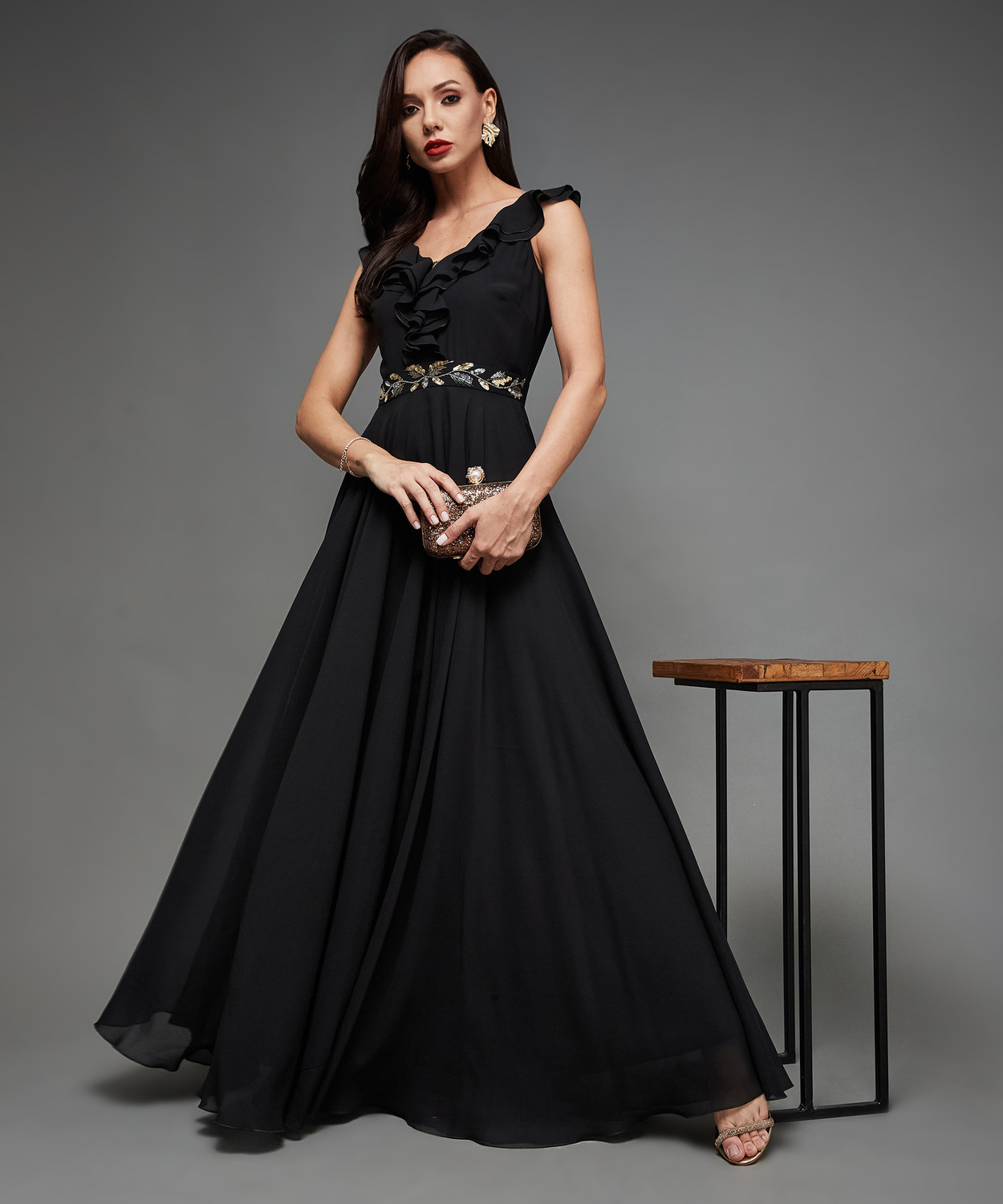 Image of Miss Chase Women Ruffled Black Maxi /Full Length Dress