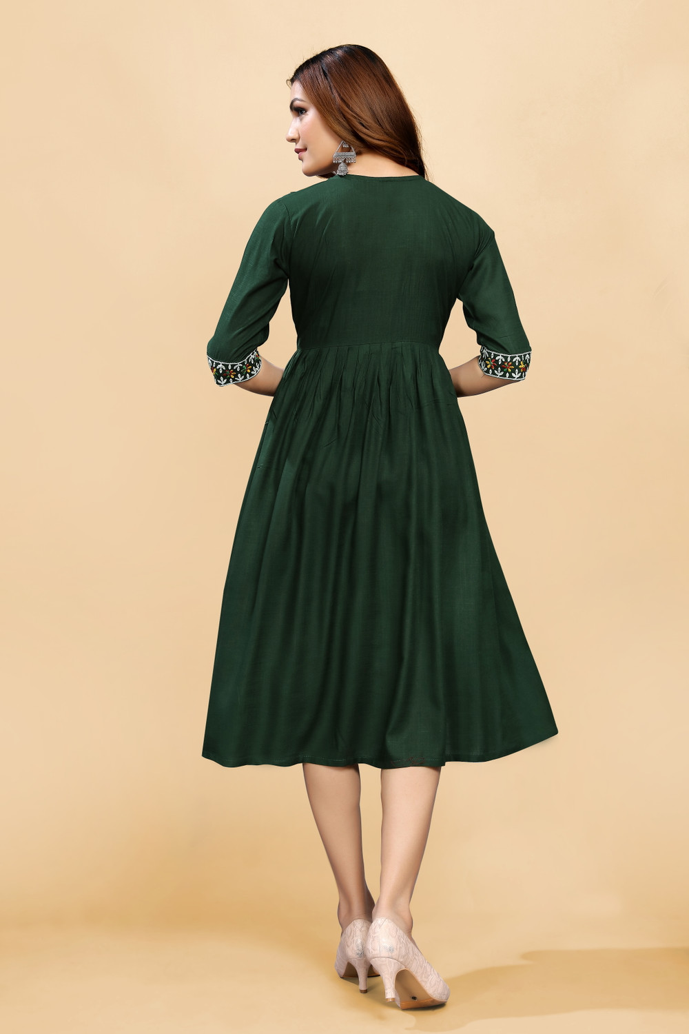 Image of sheladiya Women Fit and Flare Dark Green Midi /Calf Length Dress