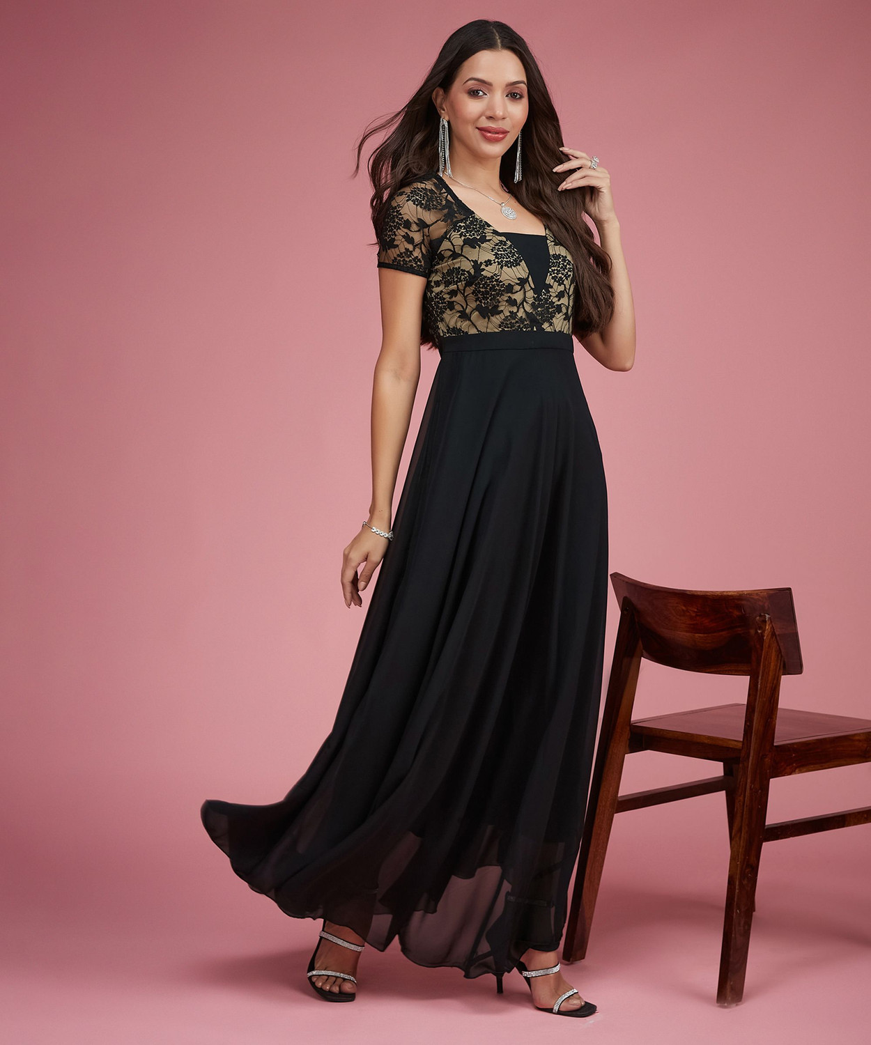 Image of Miss Chase Women Gathered Black Maxi /Full Length Dress