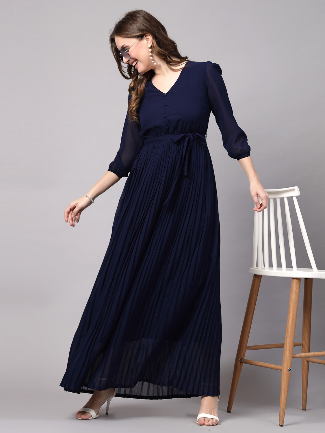 Image of AAYU Women Fit and Flare Dark Blue Maxi /Full Length Dress