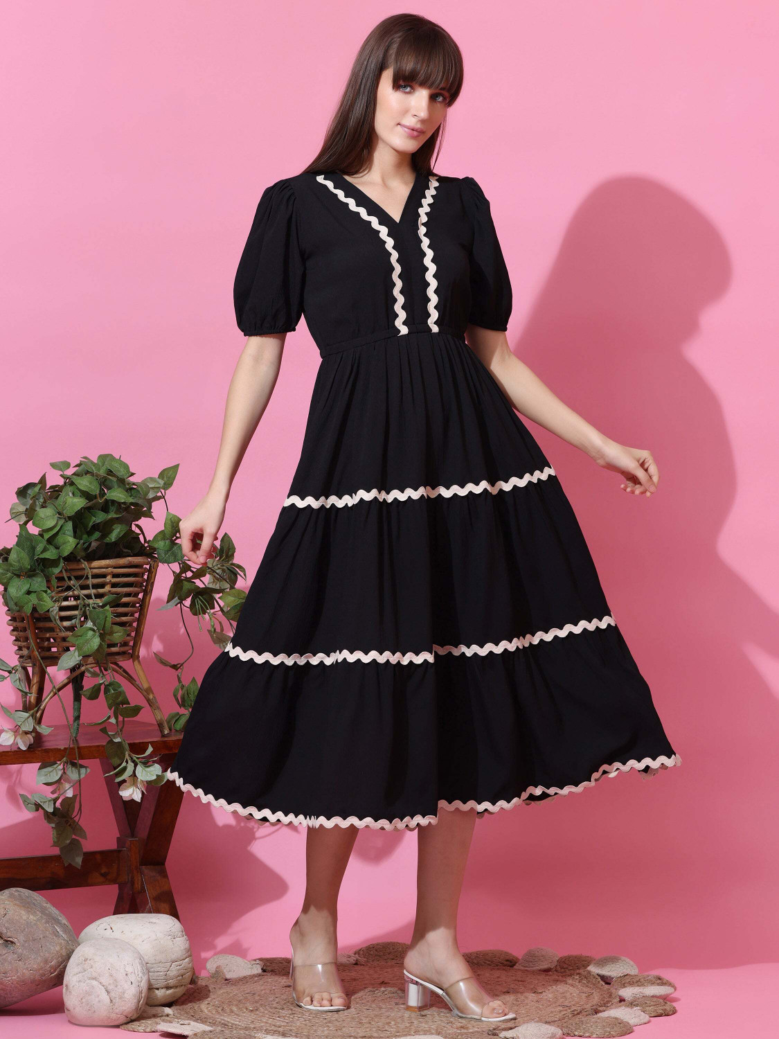 Image of Honky Tonky Women Fit and Flare Black Midi /Calf Length Dress