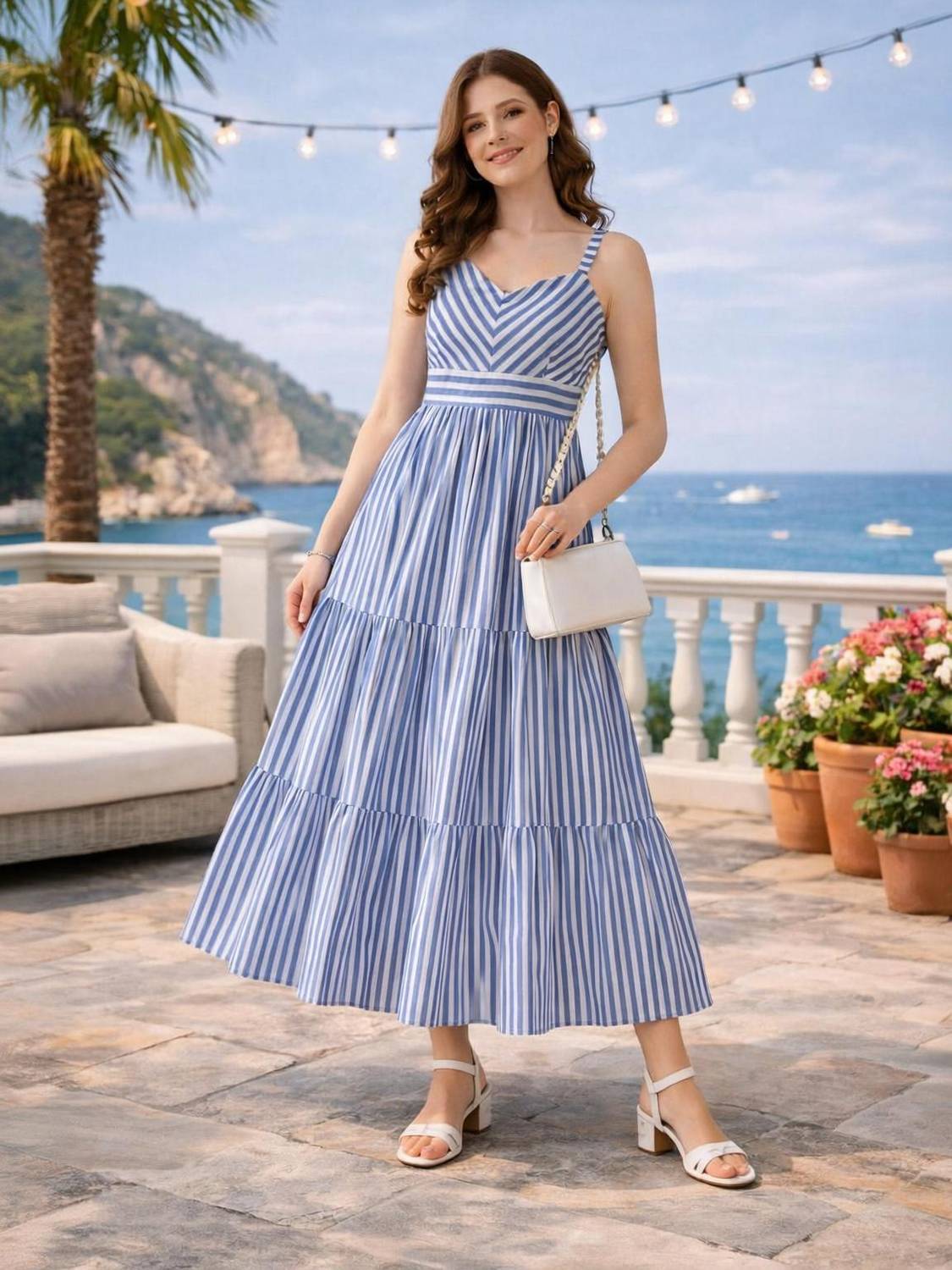 white and blue maxi dress VYNIX Women Blue, Full Length One-Shoulder Draped Dress in may25rollout wov Color:Sapphire Scrolls making it ideal for