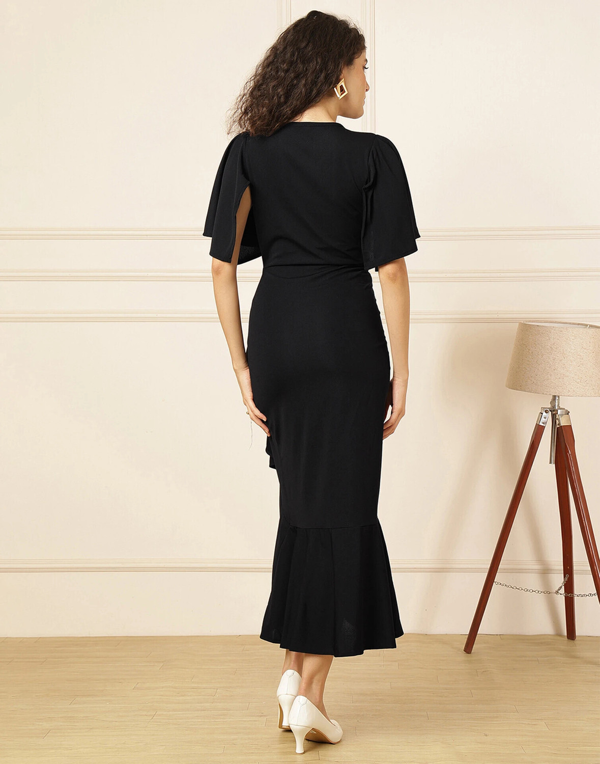 Image of Selvia Women Asymmetric Black Midi /Calf Length Dress