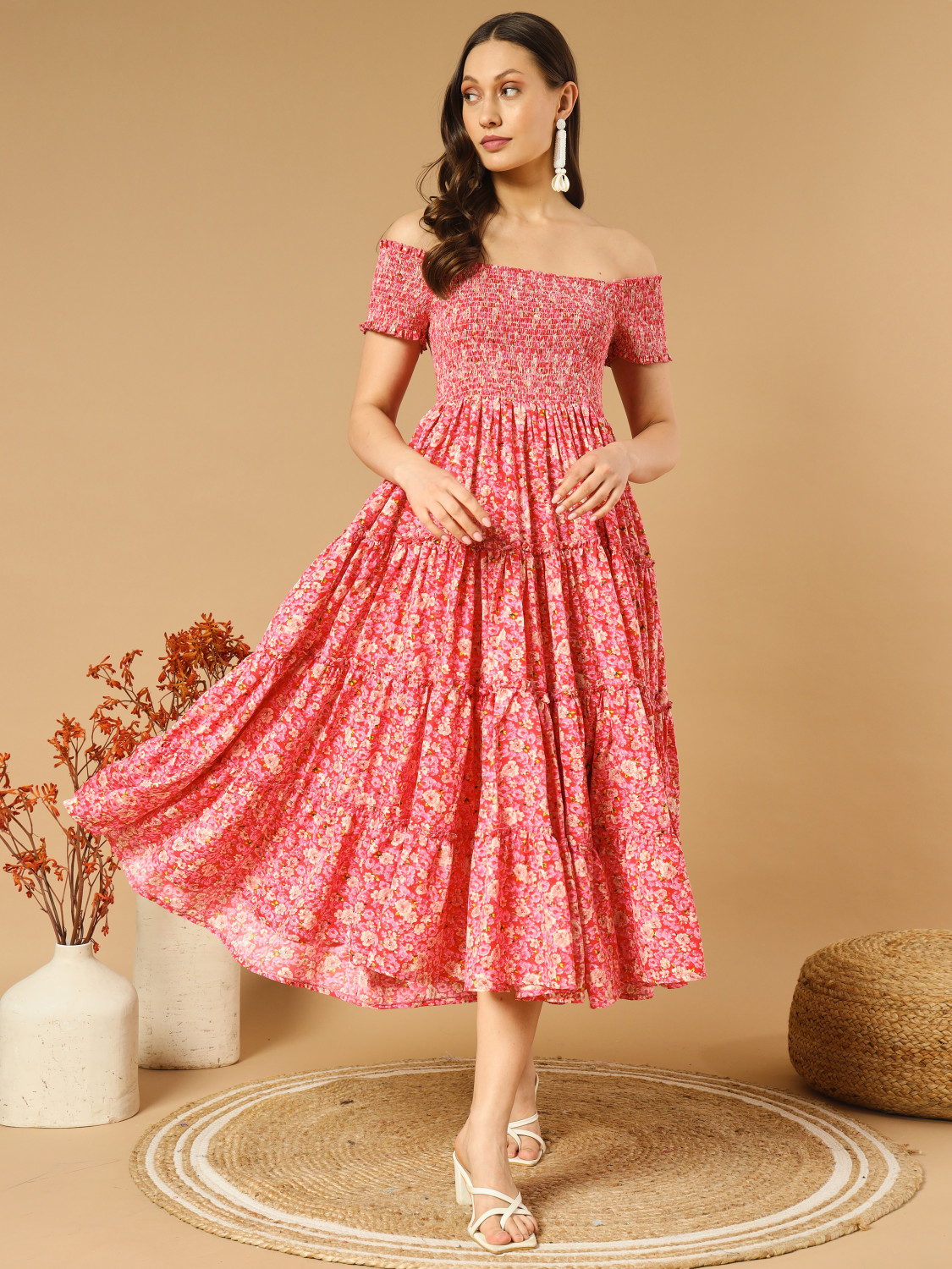 Image of ZWERLON Women Fit and Flare Pink Midi /Calf Length Dress