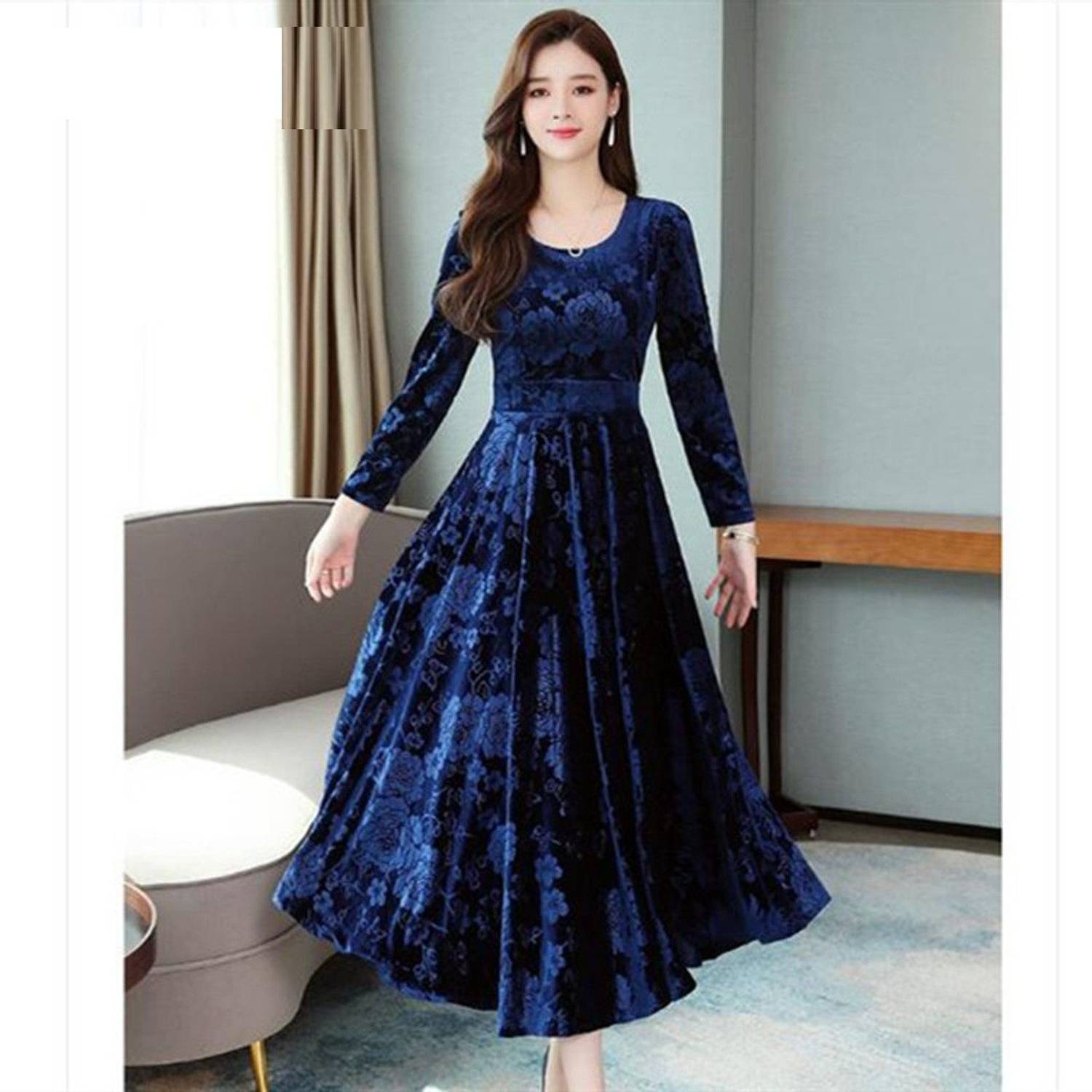 TRUE WESTIES Women A-line Blue Maxi/Full Length Dress
