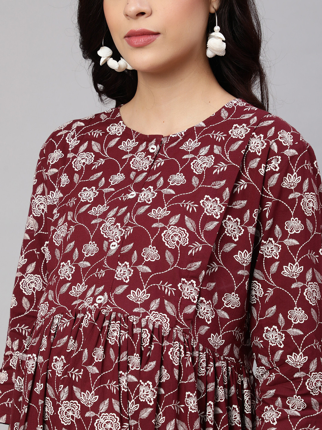 Image of Nayo Women Fit and Flare Maroon, White Midi /Calf Length Dress