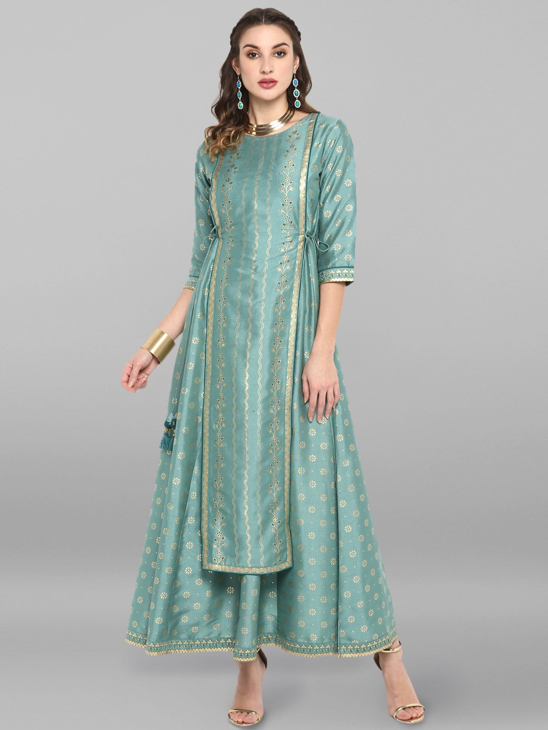 Image of Janasya Women Fit and Flare Light Green Maxi /Full Length Dress