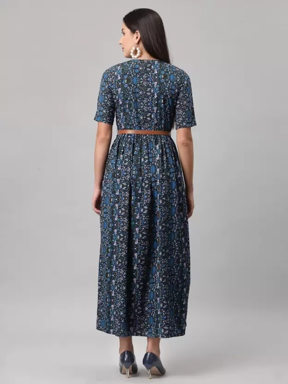 Image of S P STOUR Women Fit and Flare Blue Knee Length Dress