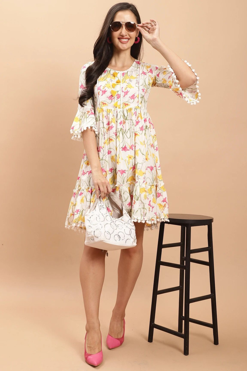 Image of Aaradhya Fashion Women A-line White Above Knee /Mid Thigh Length Dress