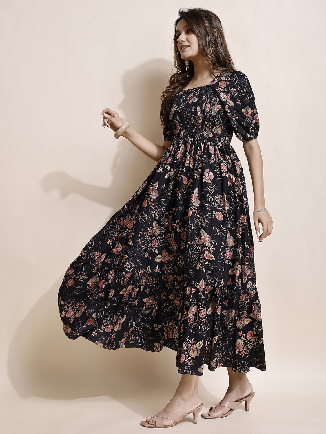 Image of PAHELIKA Women Tiered Black Ankle Length Dress