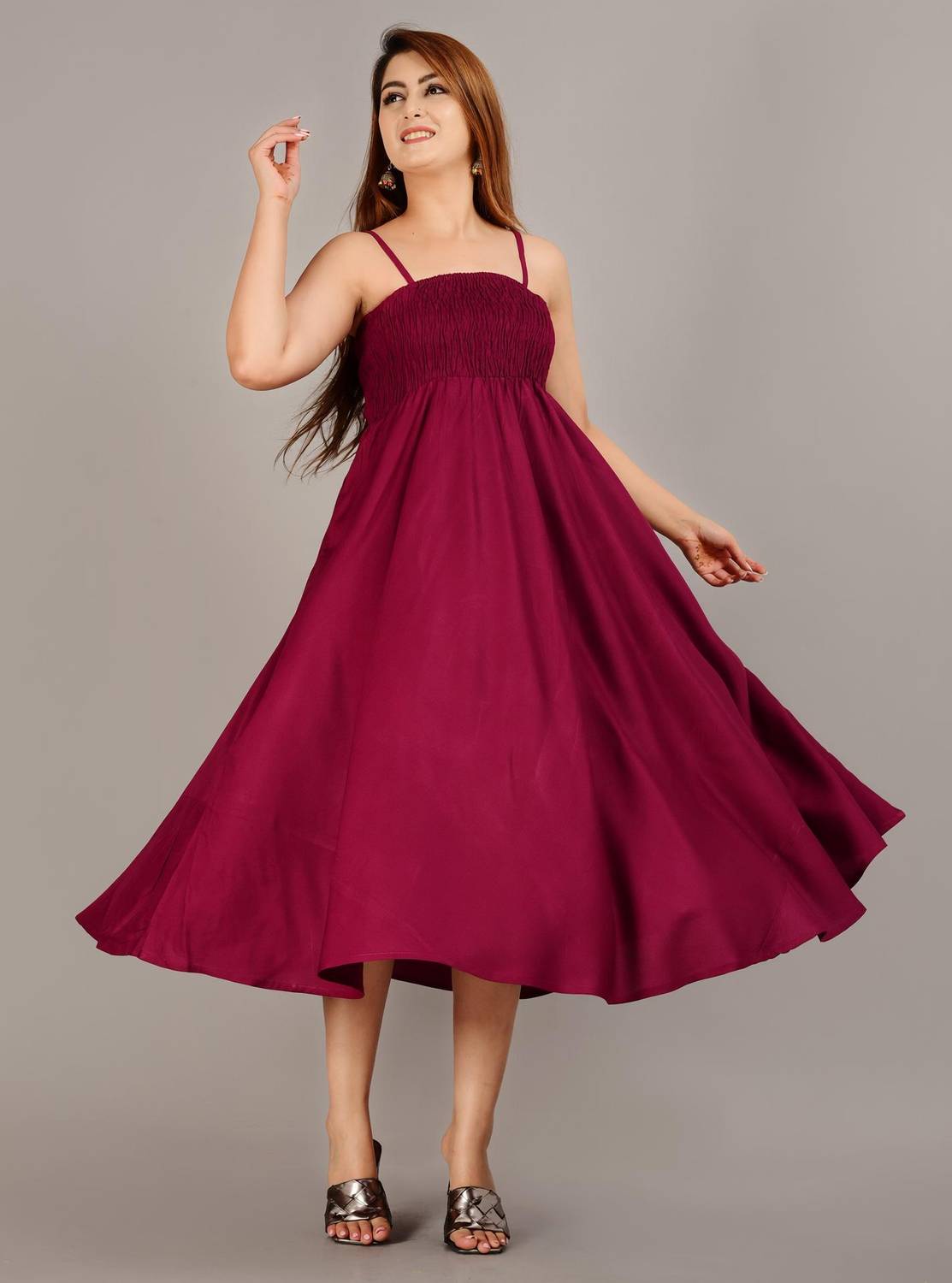 MEWEAR Women Fit and Flare Maroon Midi/Calf Length Dress