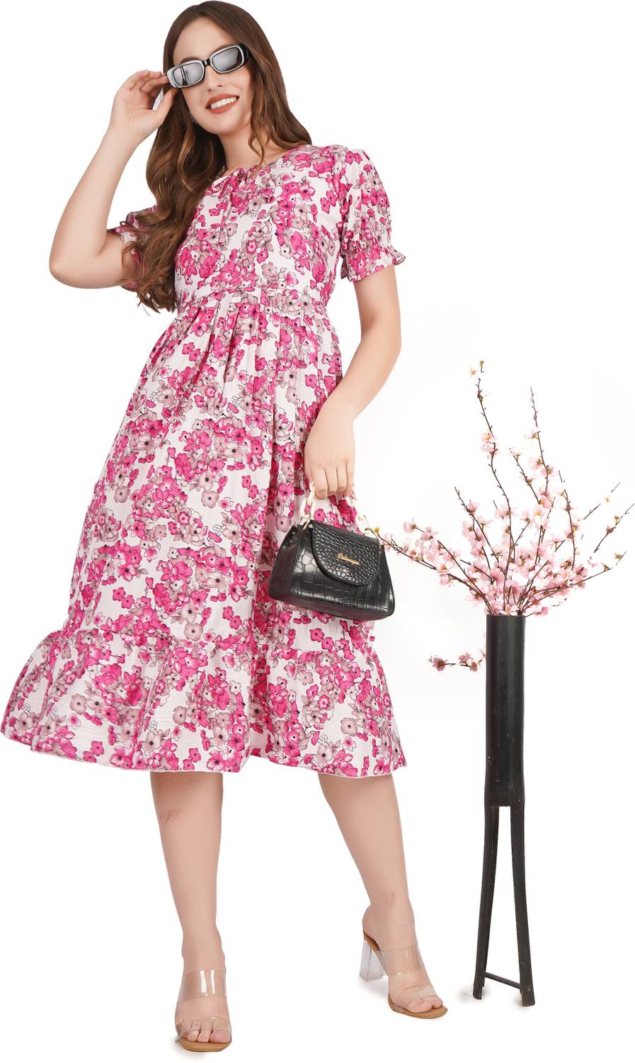 AKSHA CREATION Women Fit and Flare Pink Midi/Calf Length Dress