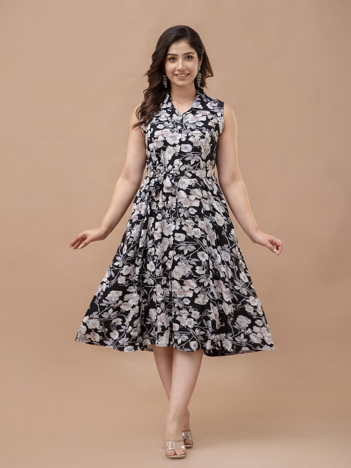 Image of AARIKAARI Women A-line Black, White Midi /Calf Length Dress