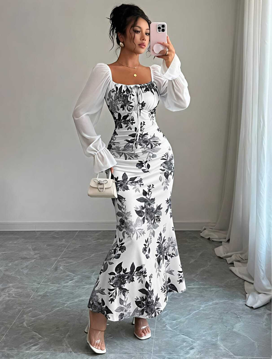 Image of MAHALAXMIJI.FASHION Women Fit and Flare White, Black Maxi /Full Length Dress
