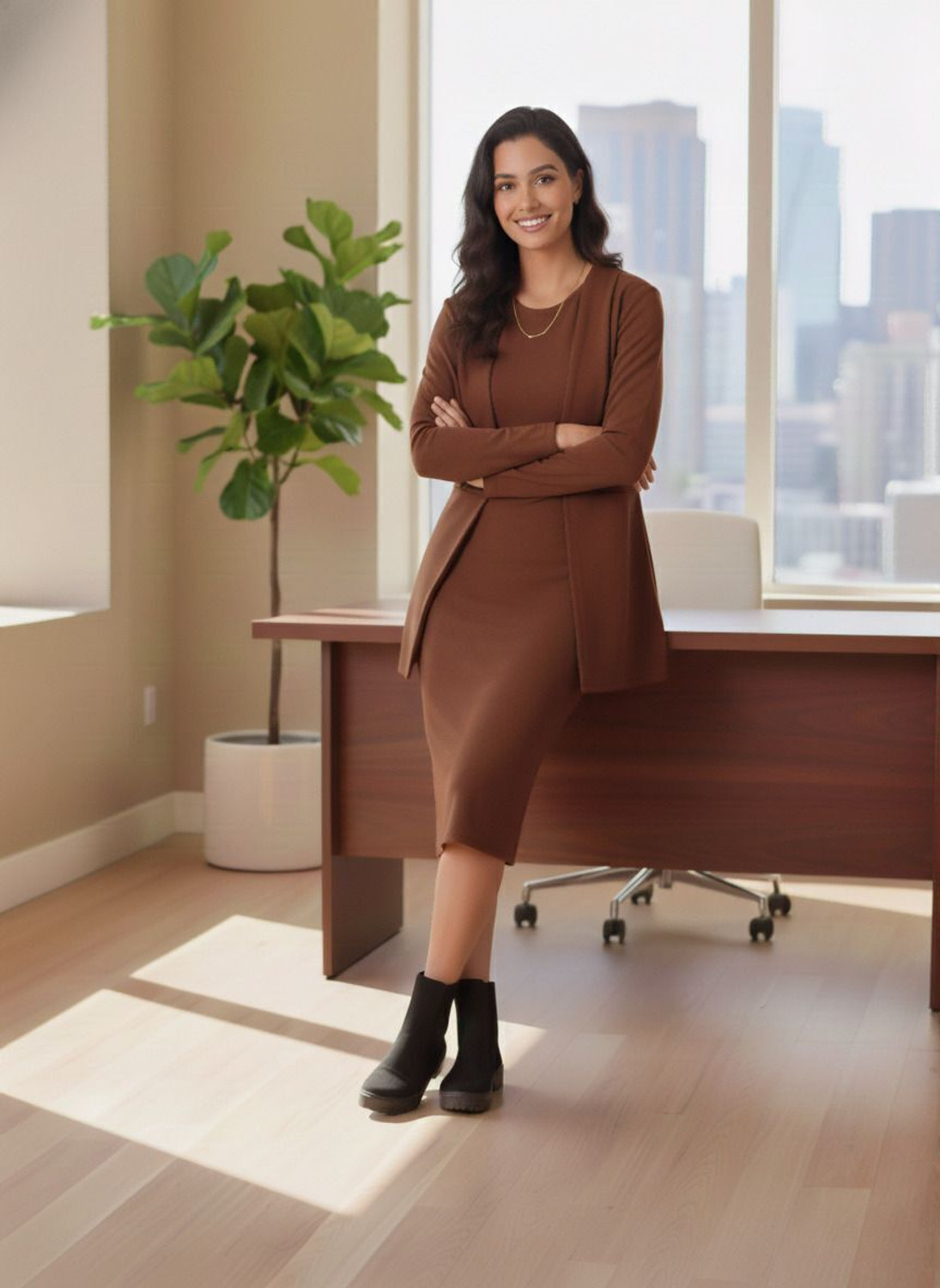 Image of Dwarros Women Bodycon Brown Knee Length Dress
