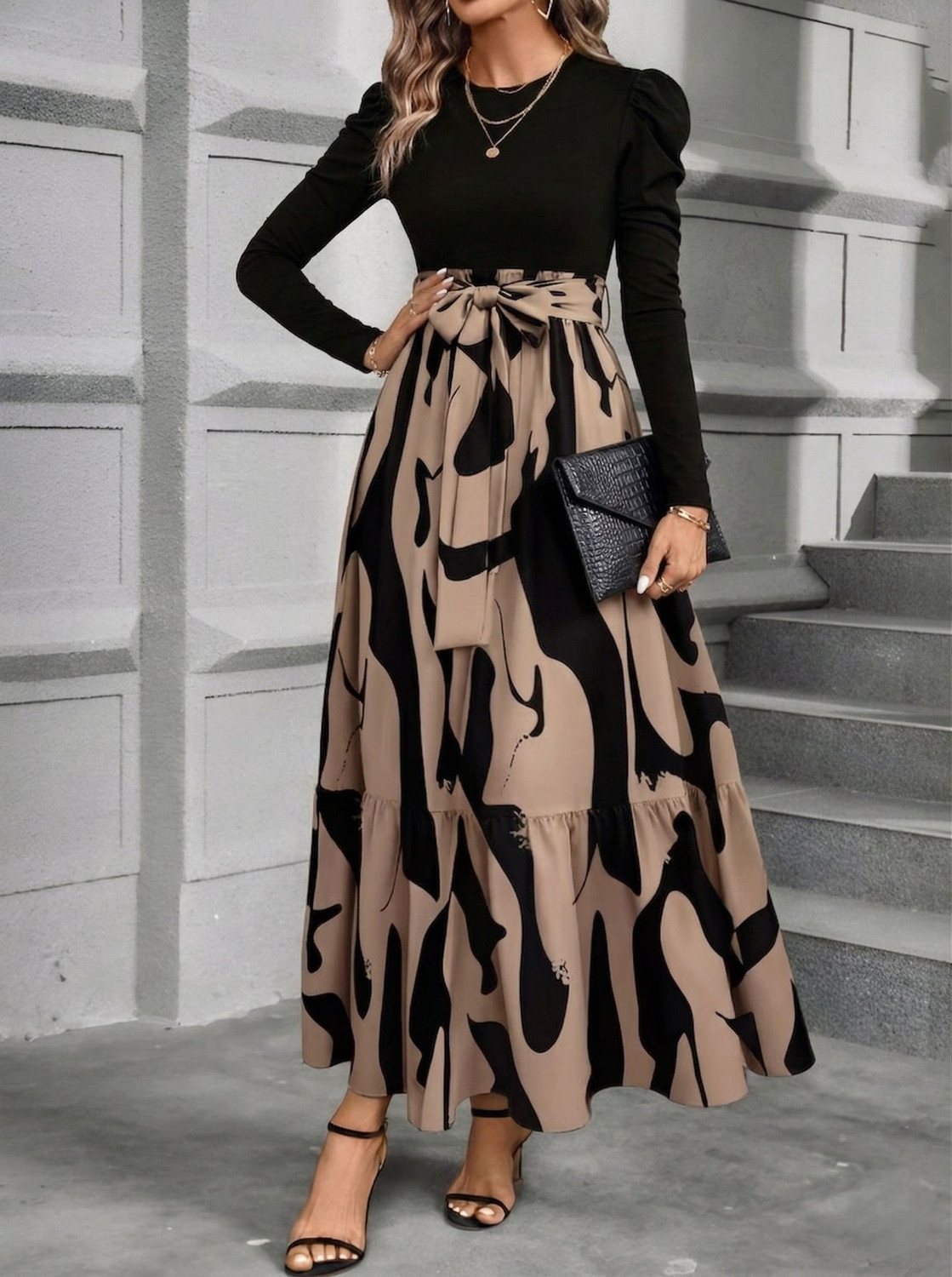 Image of JENKRA Women Fit and Flare Brown, Black Ankle Length Dress