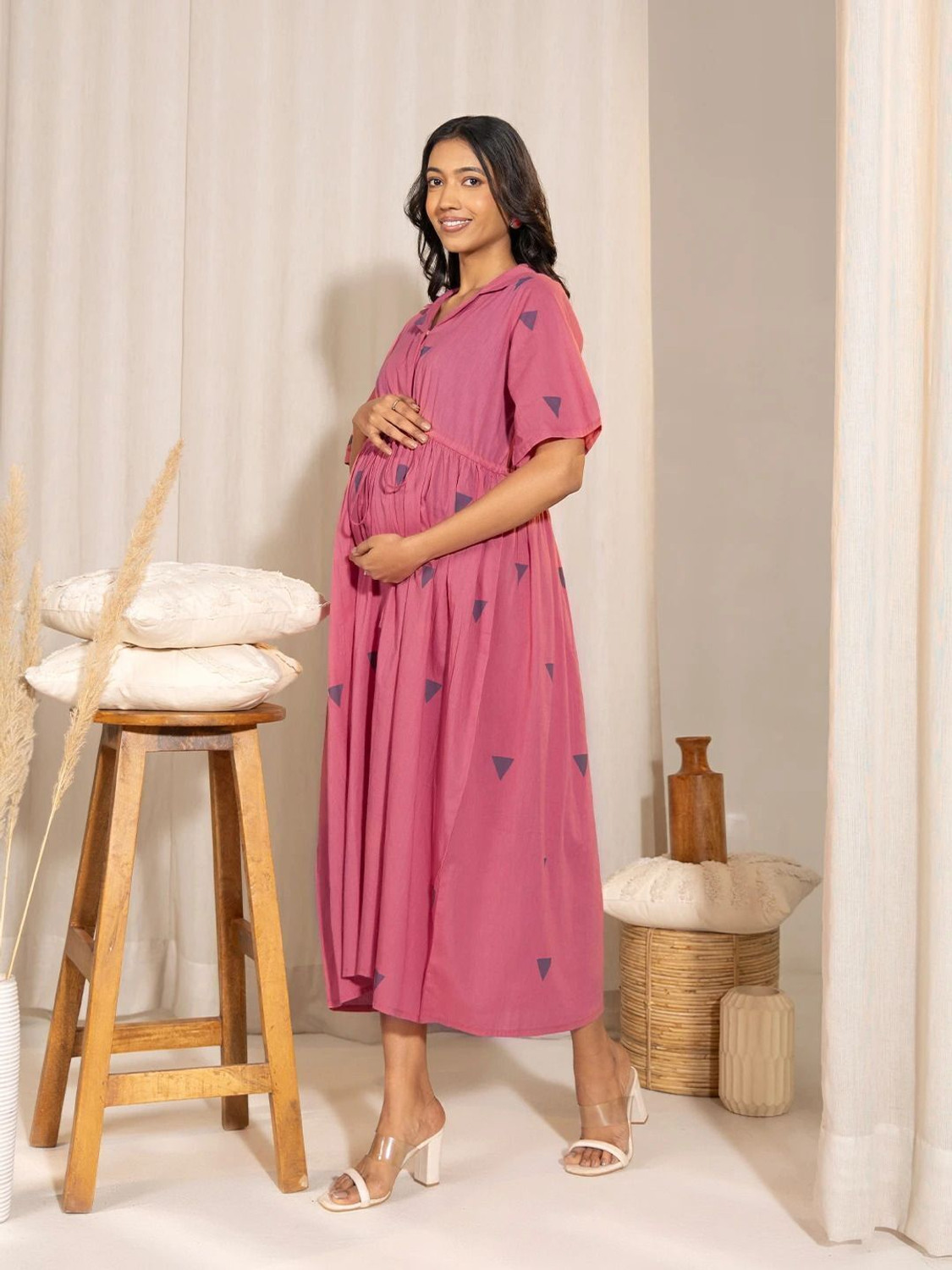 Image of Janasya Women Gathered Gold Below Knee Dress
