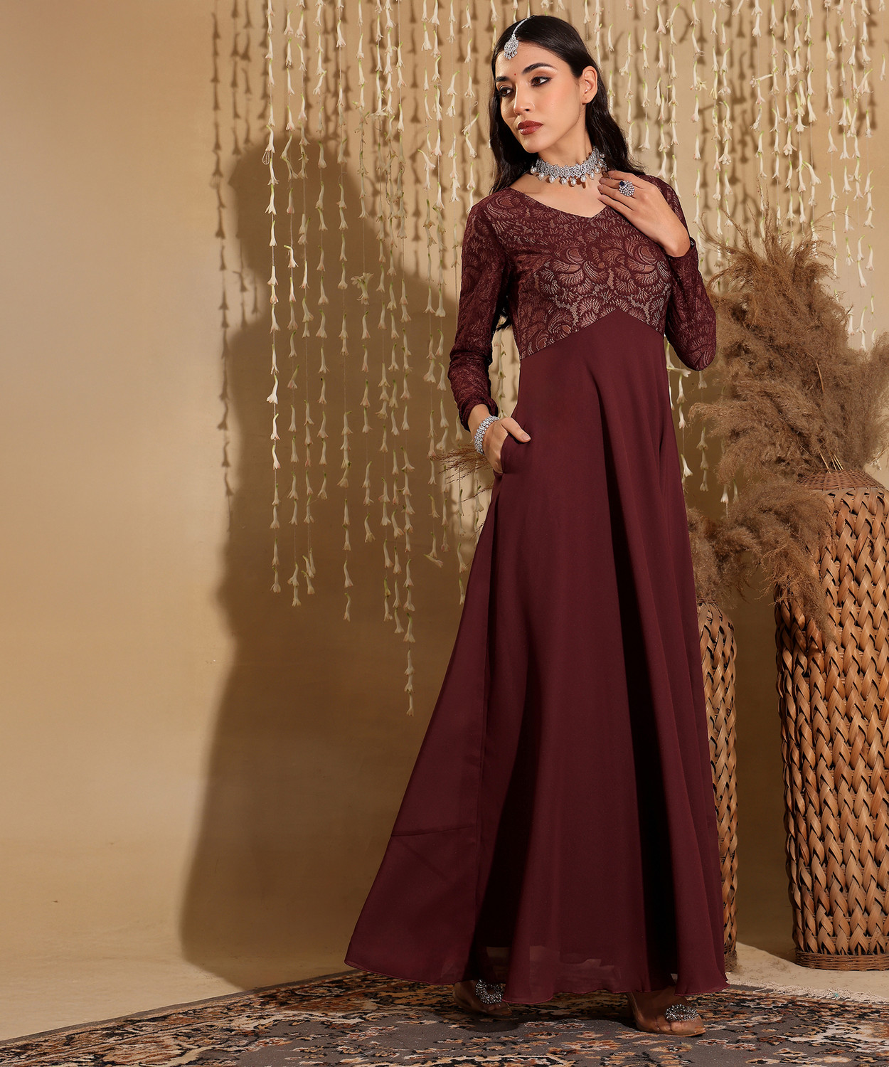 Image of Miss Chase Women Fit and Flare Maroon Maxi /Full Length Dress