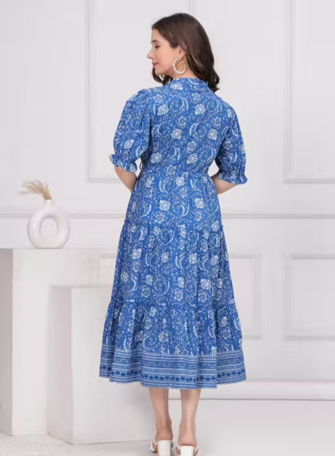 Image of Gustofab Women Fit and Flare Blue, White Midi /Calf Length Dress