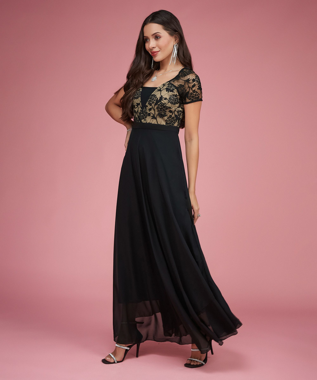Image of Miss Chase Women Gathered Black Maxi /Full Length Dress