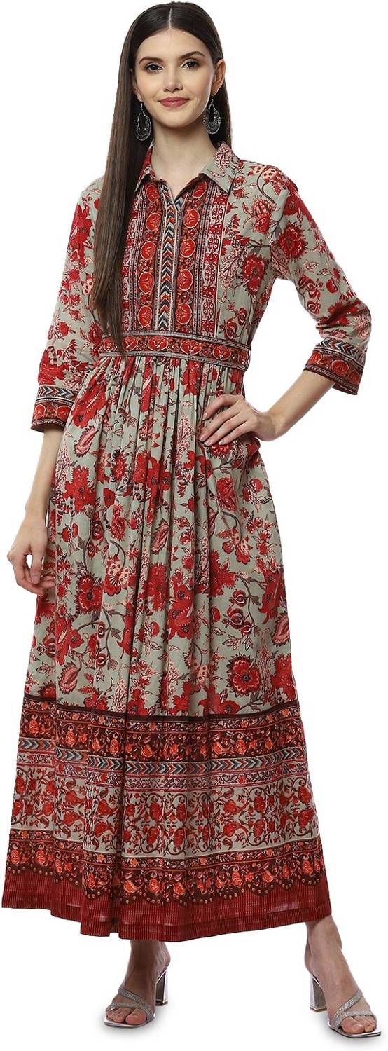 BIBA Women Fit and Flare Green Below Knee Dress
