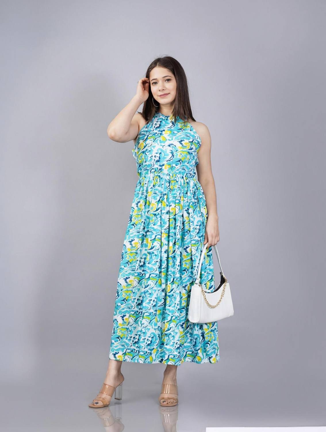 Bhawanaprint Women Skater Blue Below Knee Dress