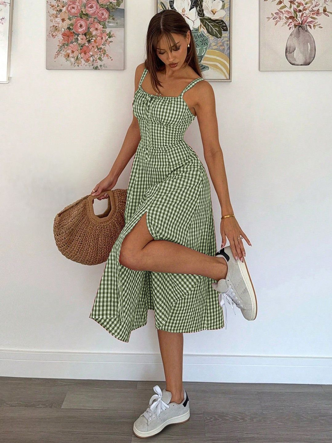 Image of METRONAUT Women Fit and Flare Green, White Midi /Calf Length Dress