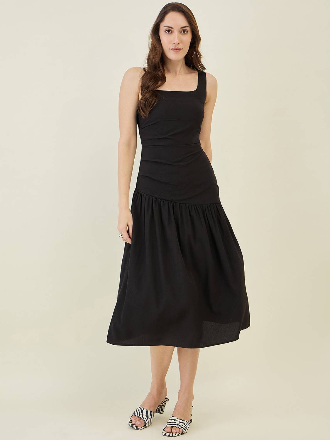 AAYU Women Fit and Flare Black Midi/Calf Length Dress