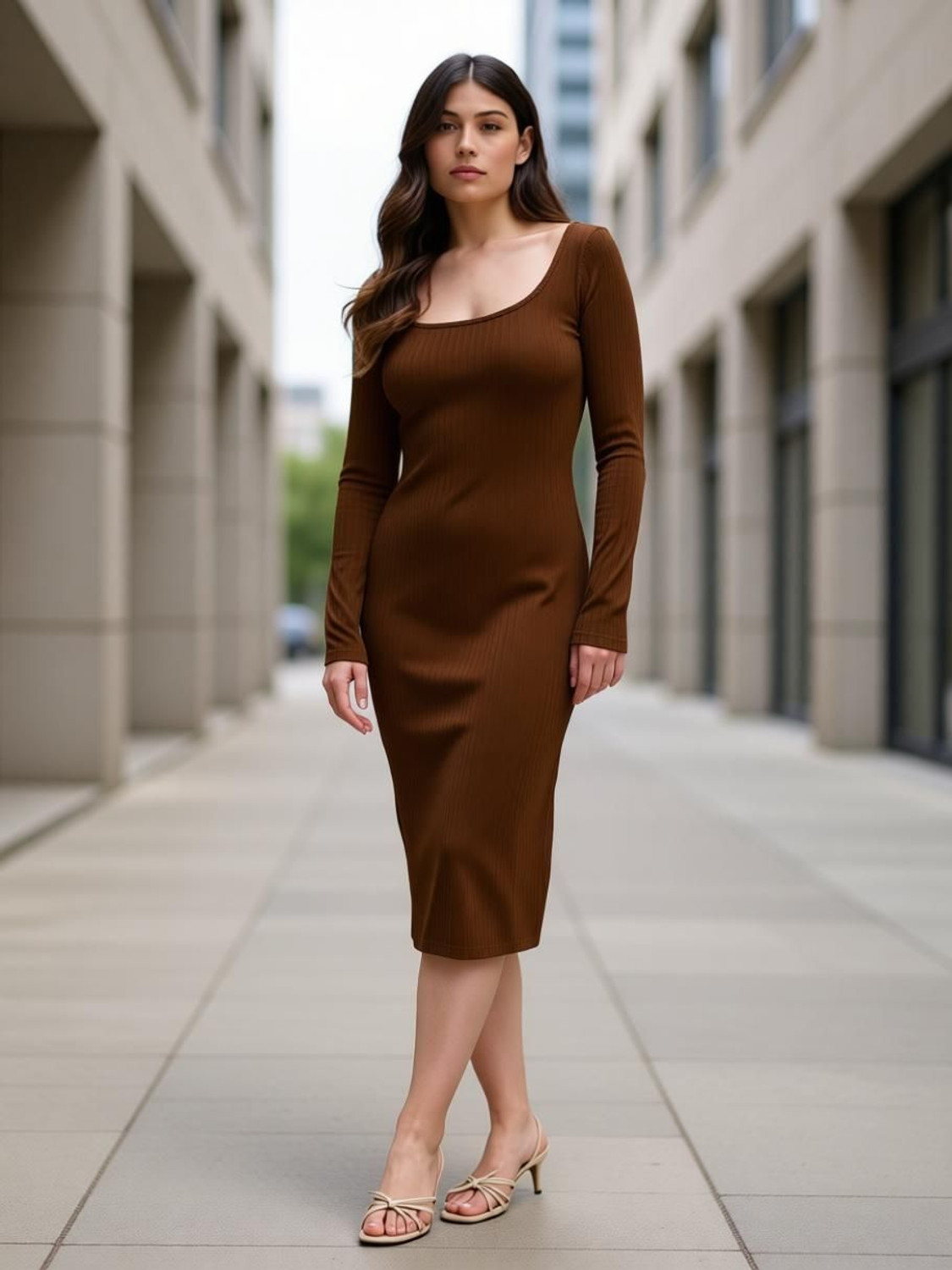 Image of Western Darji Women Bodycon Brown Below Knee Dress