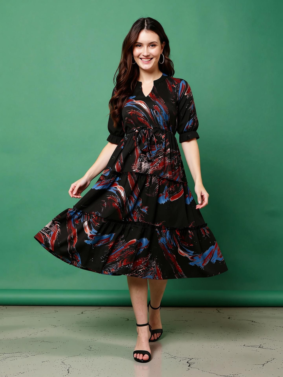 Image of JustHer Women Fit and Flare Black, Blue Midi /Calf Length Dress