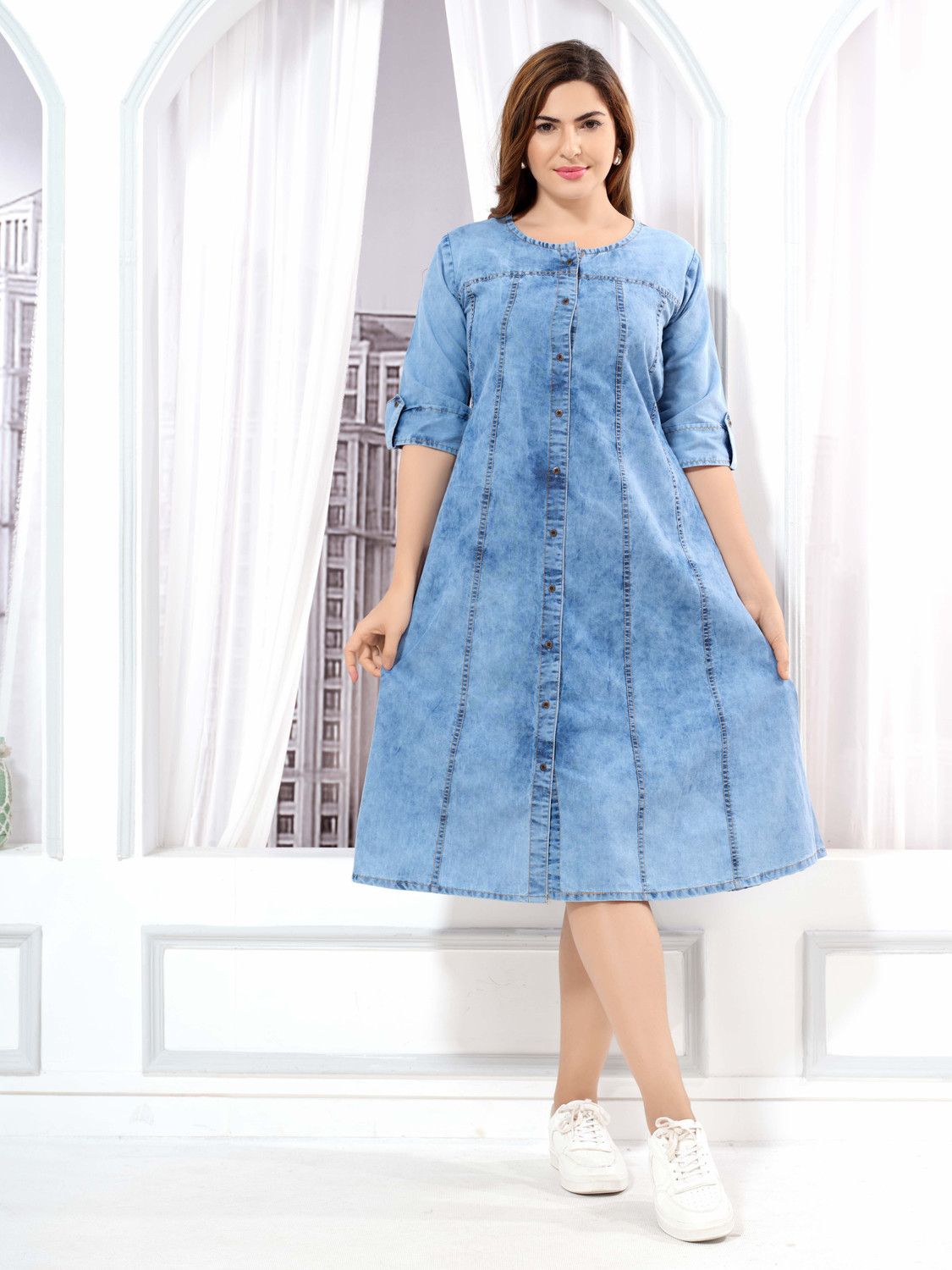 Image of EASYMOM Women Fit and Flare Blue Ankle Length Dress