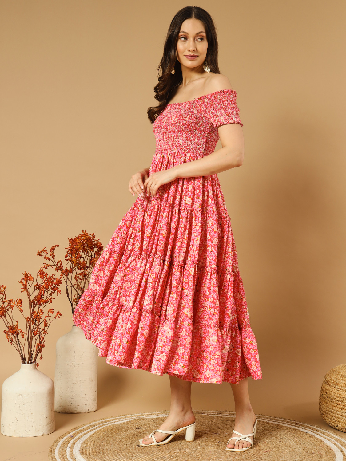 Image of ZWERLON Women Fit and Flare Pink Midi /Calf Length Dress