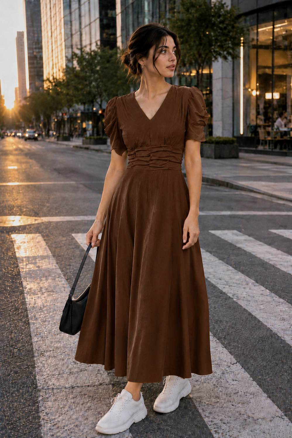Fabflee Women A-line Brown Ankle Length Dress