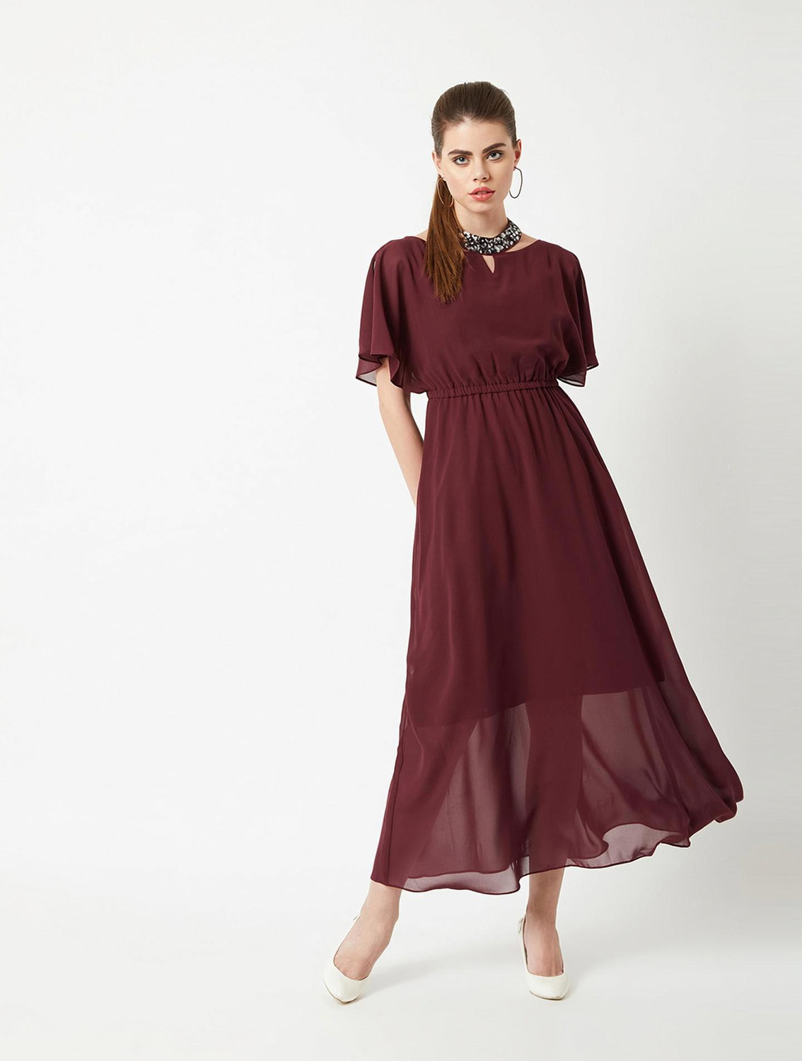 Image of Miss Chase Women Gathered Maroon Maxi /Full Length Dress
