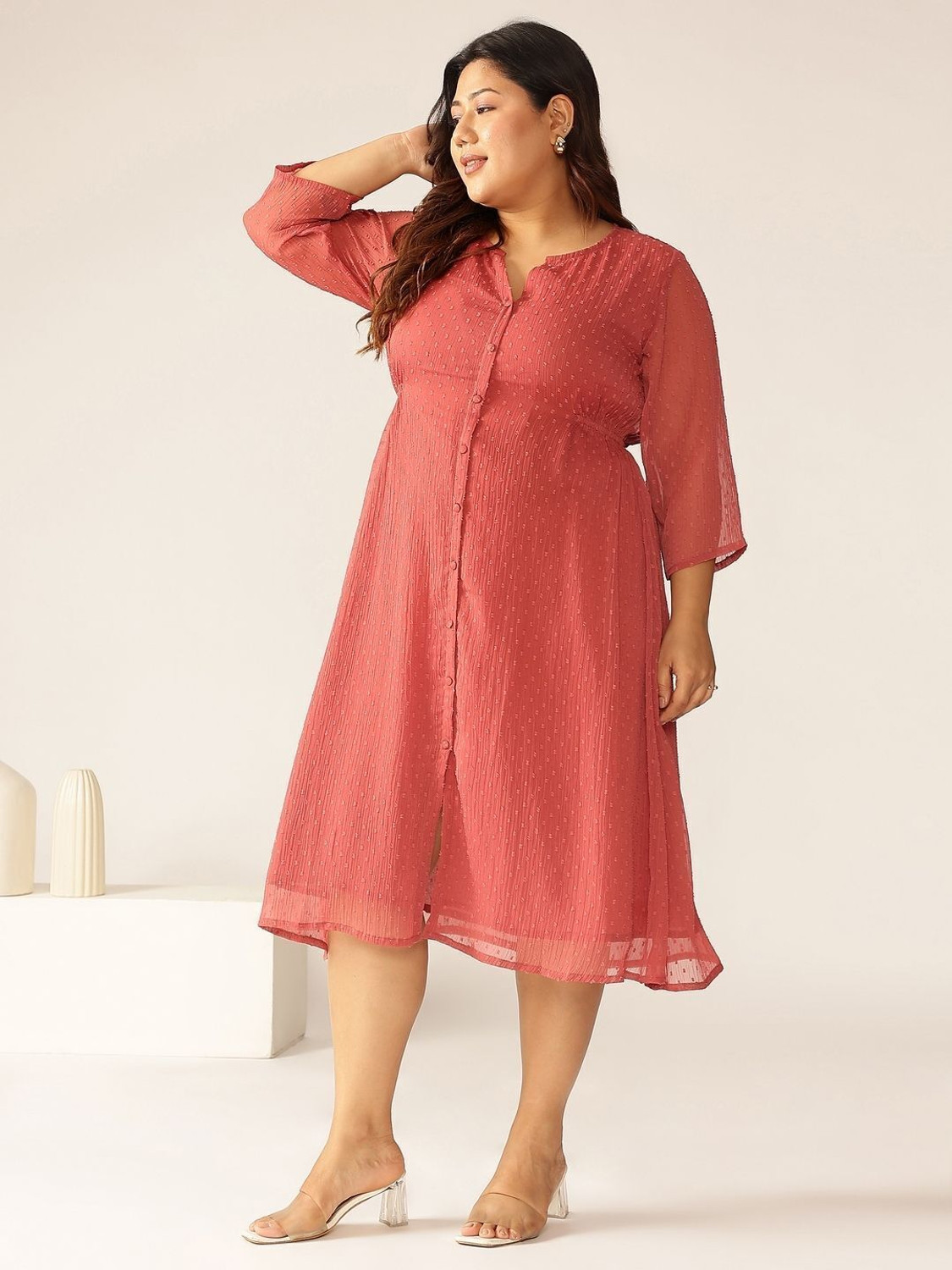 Image of Janasya Women A-line Pink Midi /Calf Length Dress