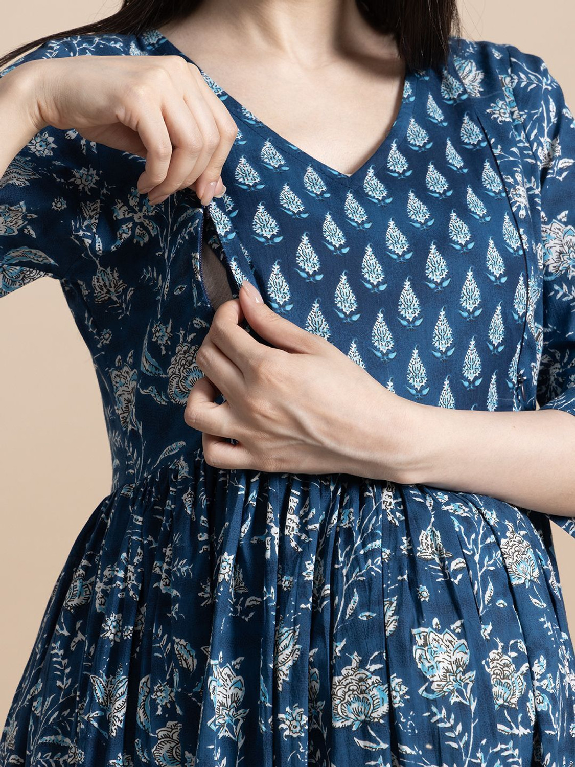 Image of Gulabi Jaipur Women Fit and Flare Blue, White Maxi /Full Length Dress