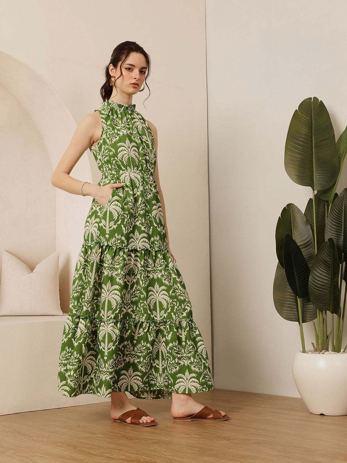 Image of STREET9 Women Fit and Flare Green Below Knee Dress