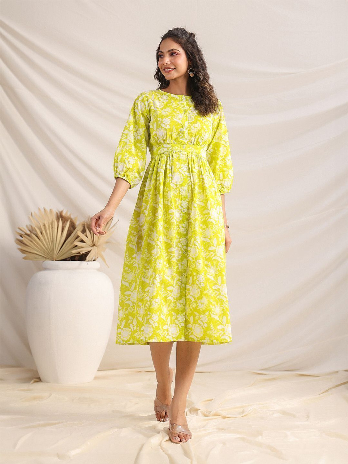 Image of Janasya Women Gathered Multicolor Midi /Calf Length Dress