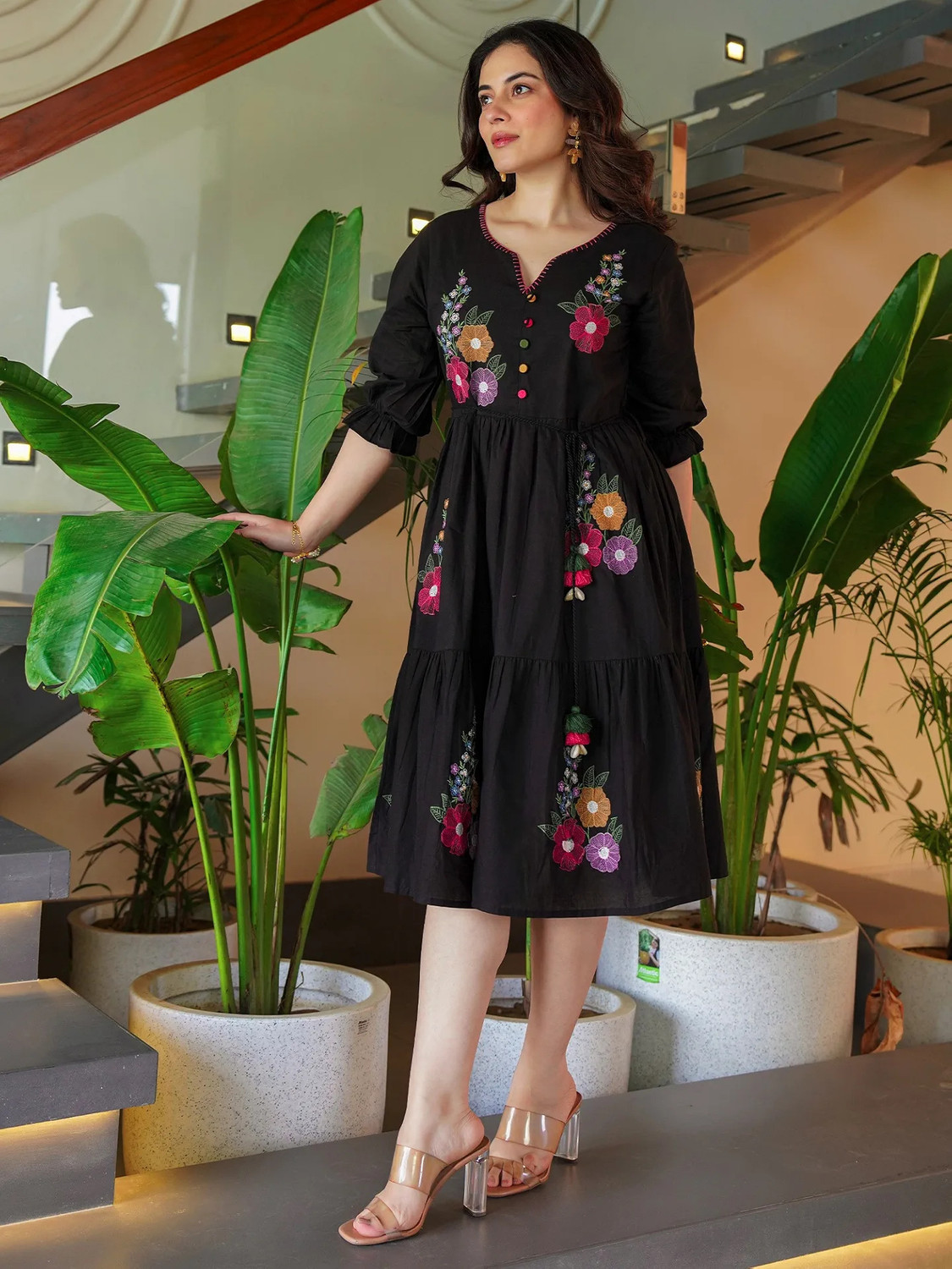 Image of tckty Women Tiered Black Midi /Calf Length Dress
