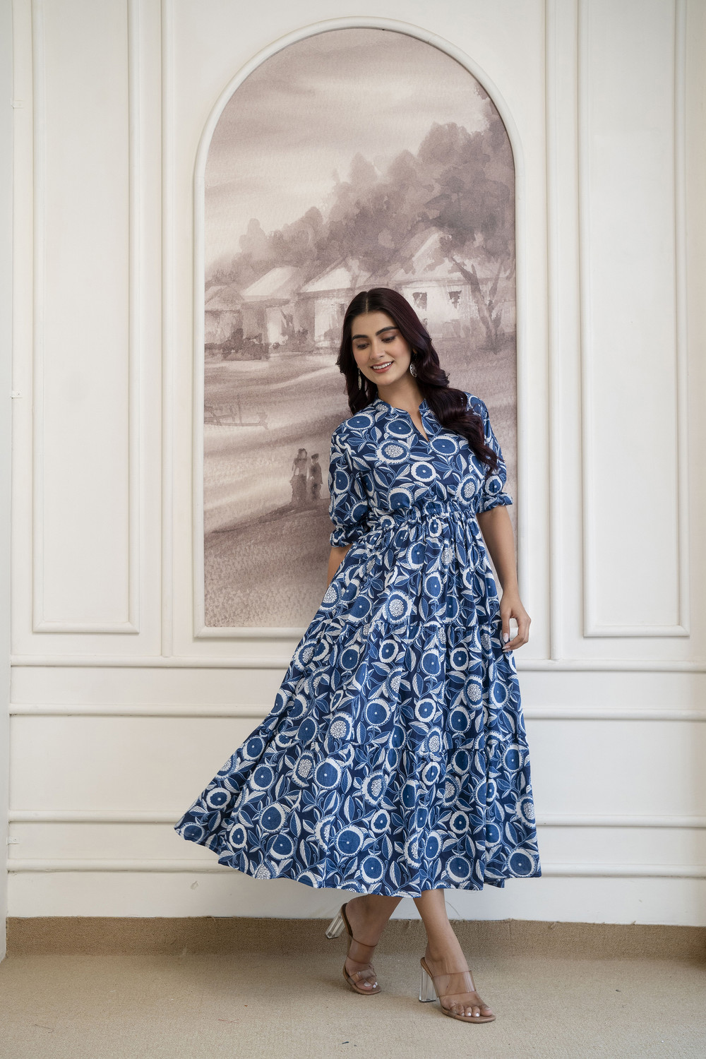Image of FebQ Women Fit and Flare Blue Below Knee Dress