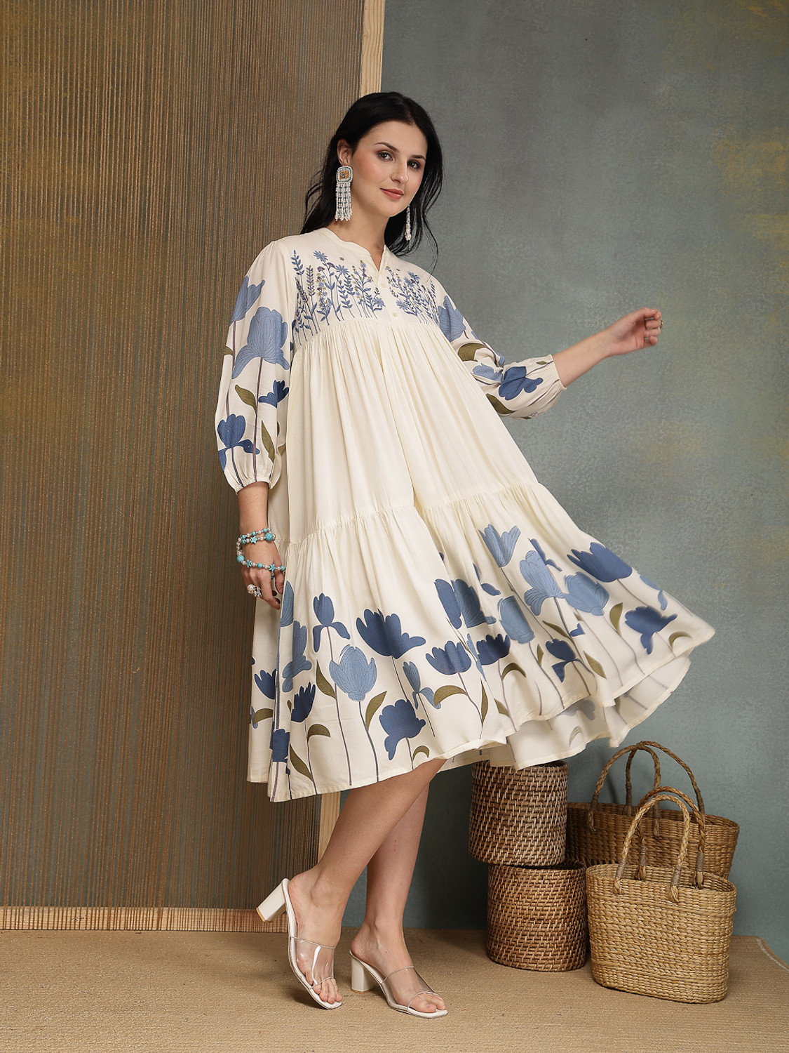 Image of Stylum Women Tiered Blue, Beige Knee Length Dress